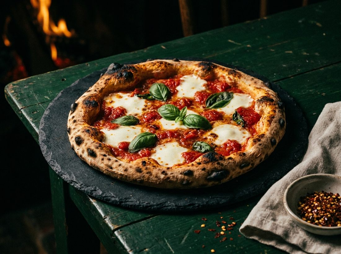 Pizza au feu de bois à la croûte dorée