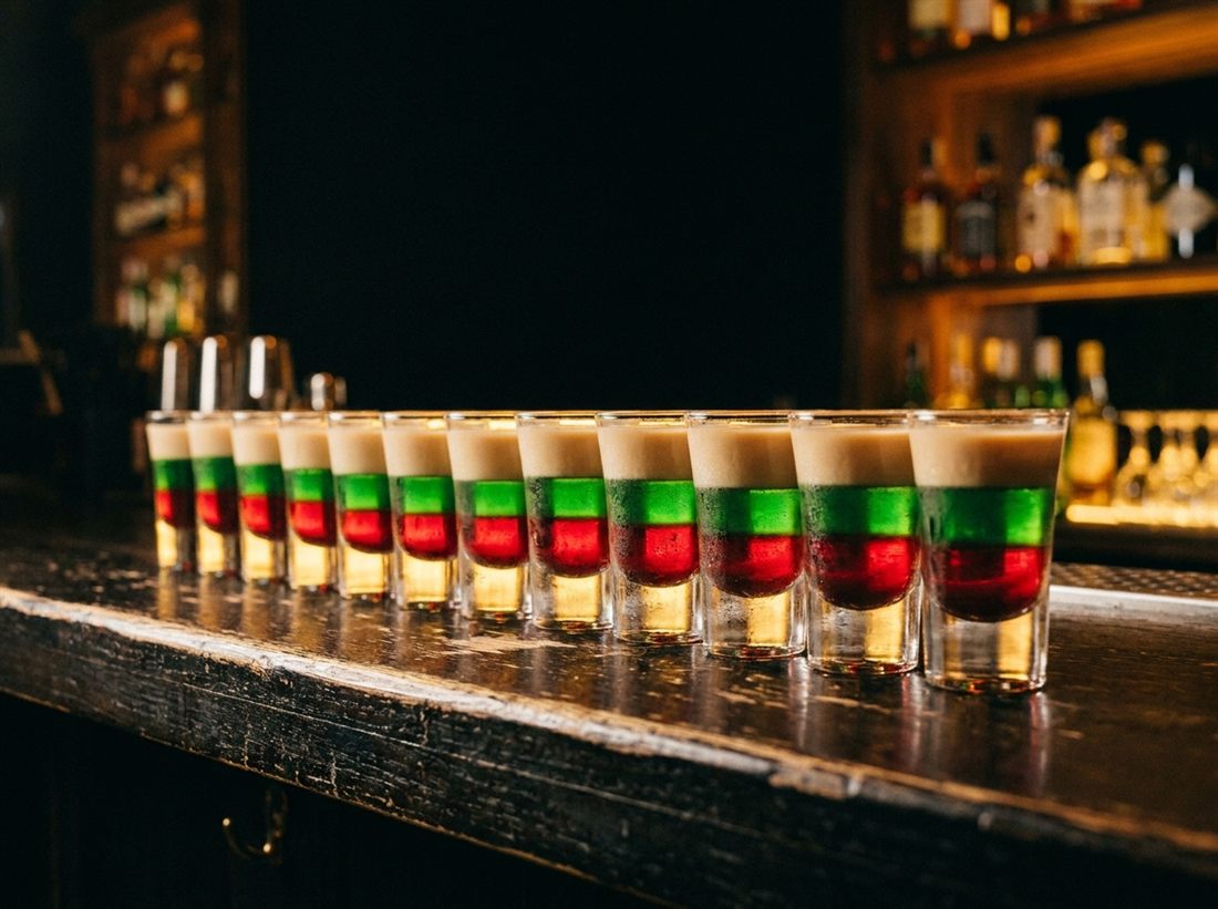 Une rangée de shooters colorés sur le comptoir